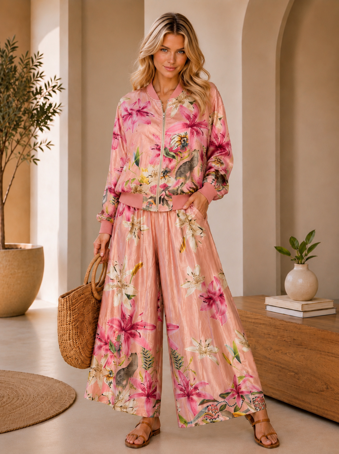 Floral Print Wide-Leg Jumpsuit Set with Long Jacket