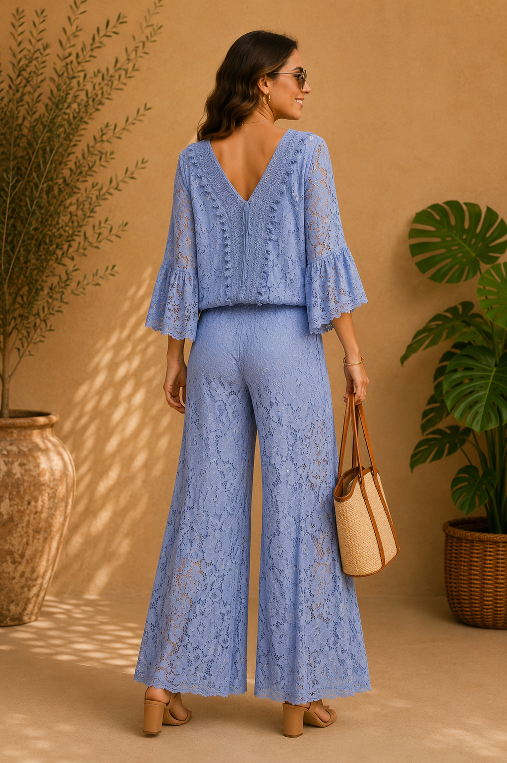 Blue Lace Two-Piece Set - V-Neck Bell Sleeve Top & Wide-Leg Pants