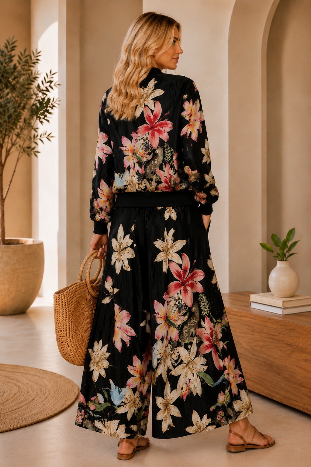 Floral Print Wide-Leg Jumpsuit Set with Long Jacket