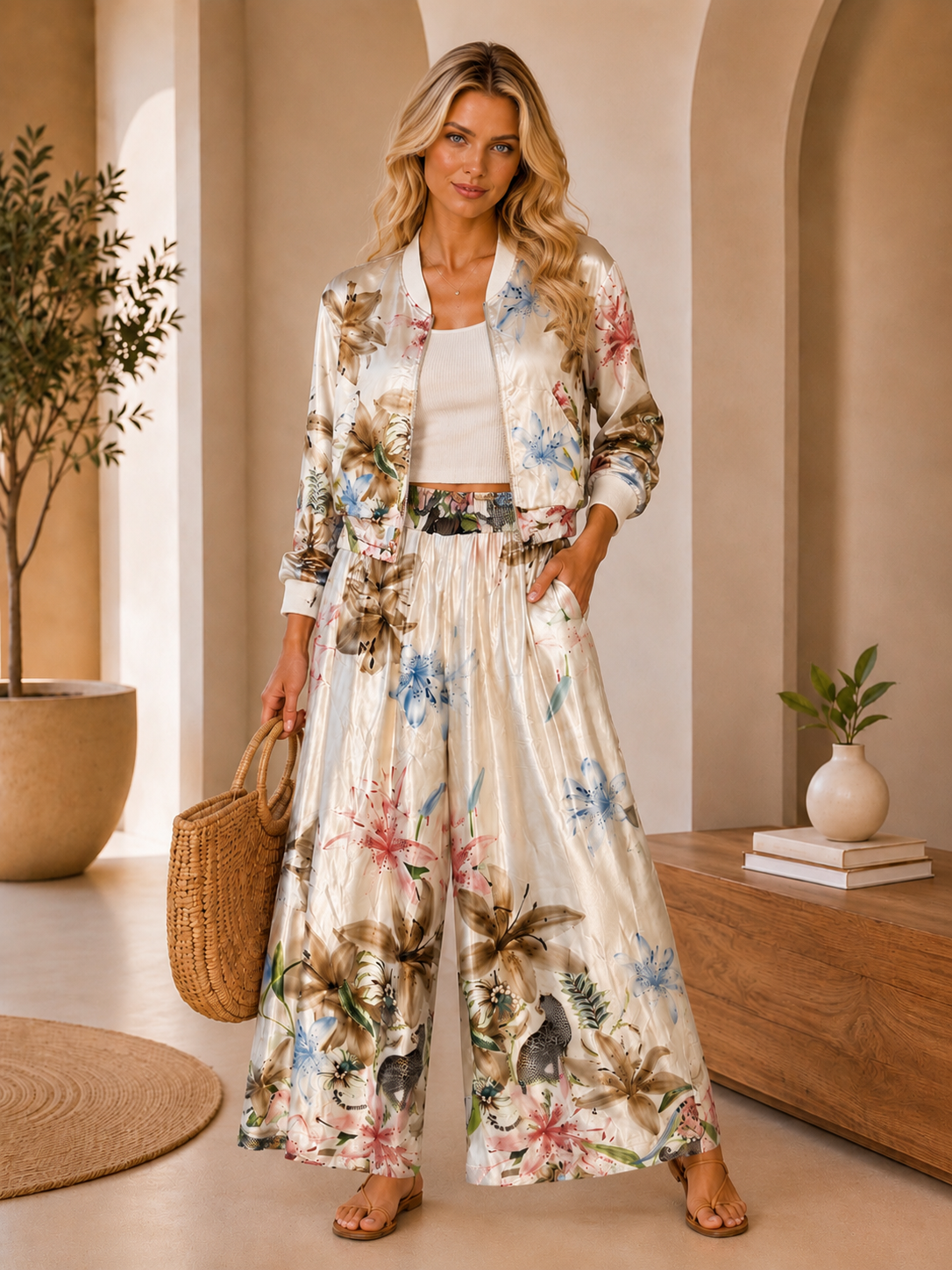 Floral Print Wide-Leg Jumpsuit Set with Long Jacket