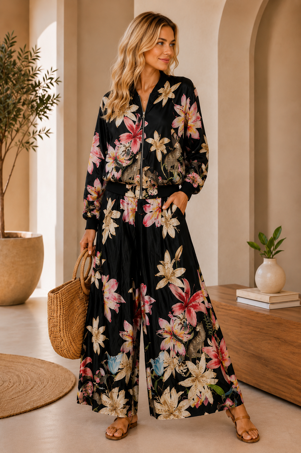 Floral Print Wide-Leg Jumpsuit Set with Long Jacket