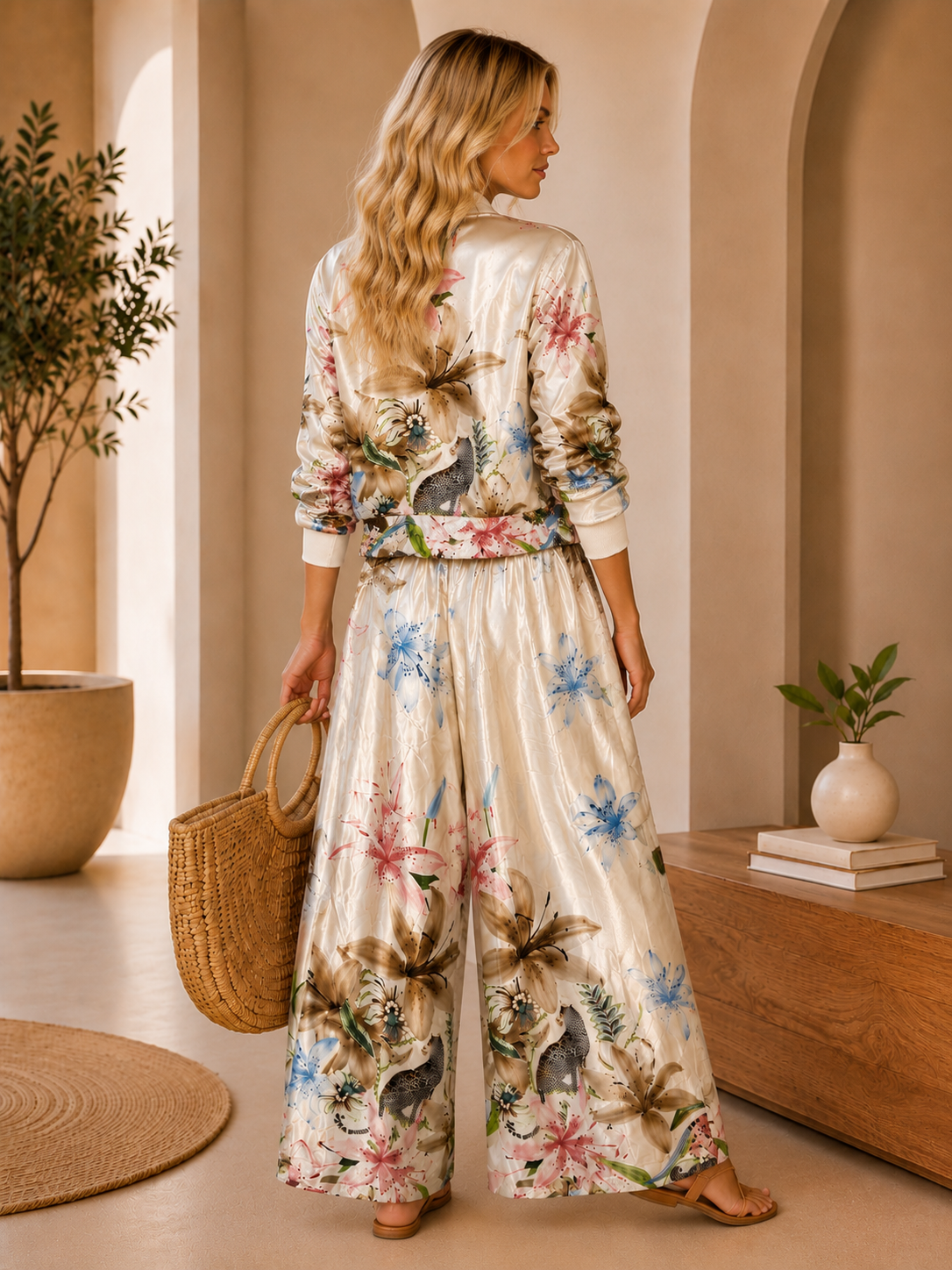 Floral Print Wide-Leg Jumpsuit Set with Long Jacket
