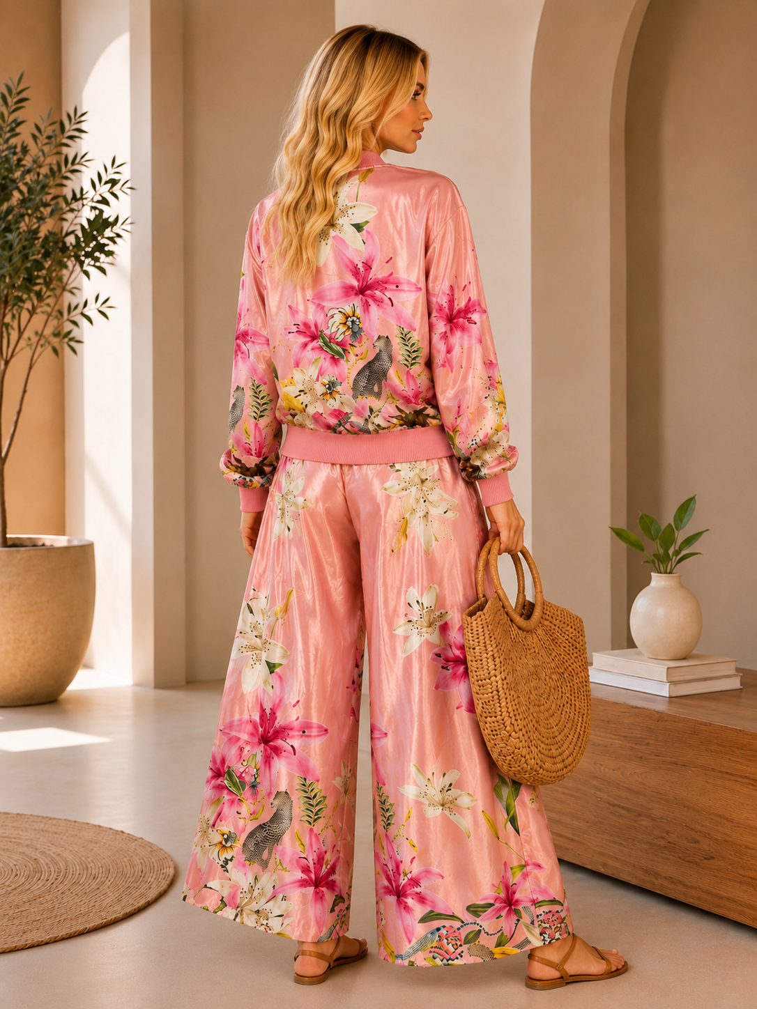 Floral Print Wide-Leg Jumpsuit Set with Long Jacket
